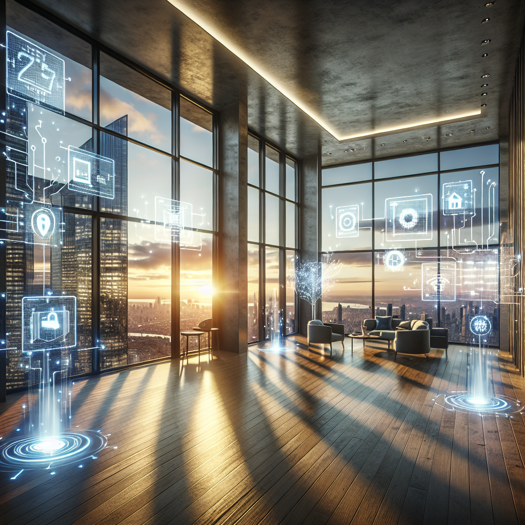 Luxurious smart penthouse at sunrise with IoT devices and cybersecurity visuals overlooking Manhattan skyline, hyperrealistic interior design.