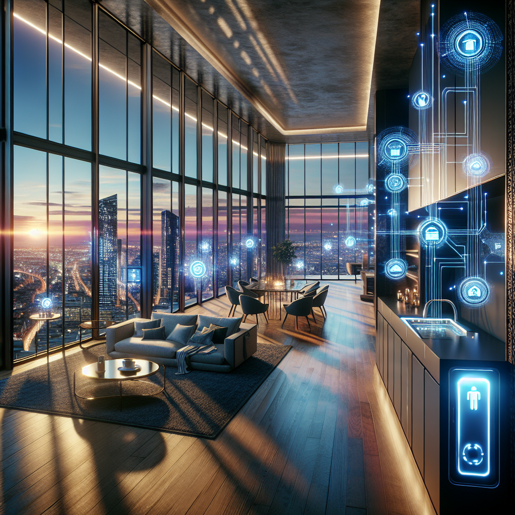 Luxurious smart penthouse at sunrise with IoT devices and cybersecurity visuals overlooking Manhattan skyline, hyperrealistic interior design.