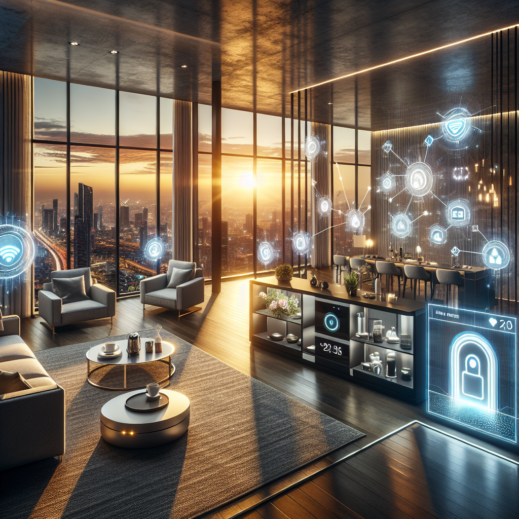 Luxurious smart penthouse at sunrise with IoT devices and cybersecurity visuals overlooking Manhattan skyline, hyperrealistic interior design.
