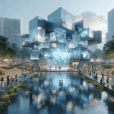 Futuristic interactive memorial in twilight park with AR holograms, reflective architecture, greenery, and flowing water for immersive tribute.