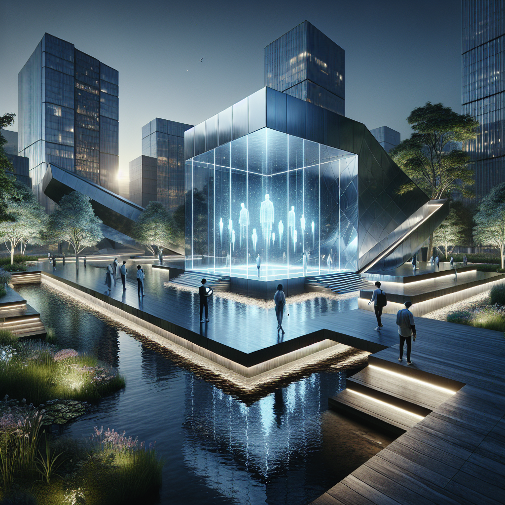 Futuristic interactive memorial in twilight park with AR holograms, reflective architecture, greenery, and flowing water for immersive tribute.