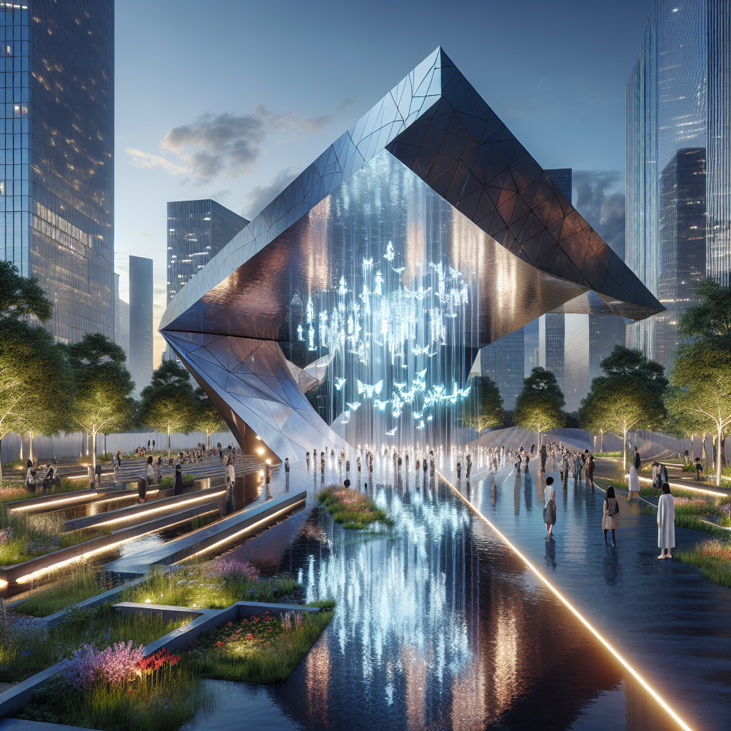 Futuristic interactive memorial in twilight park with AR holograms, reflective architecture, greenery, and flowing water for immersive tribute.