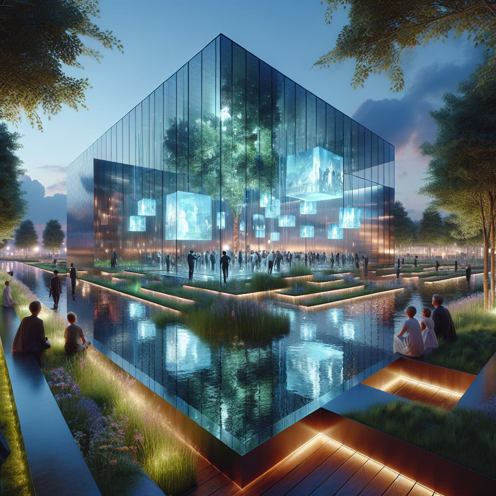 Futuristic interactive memorial in twilight park with AR holograms, reflective architecture, greenery, and flowing water for immersive tribute.