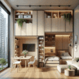 Hyperrealistic modern micro apartment with modular furniture, natural wood, plants, smart lighting, and minimalist urban interior design.