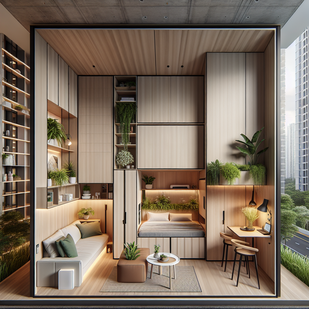 Hyperrealistic modern micro apartment with modular furniture, natural wood, plants, smart lighting, and minimalist urban interior design.