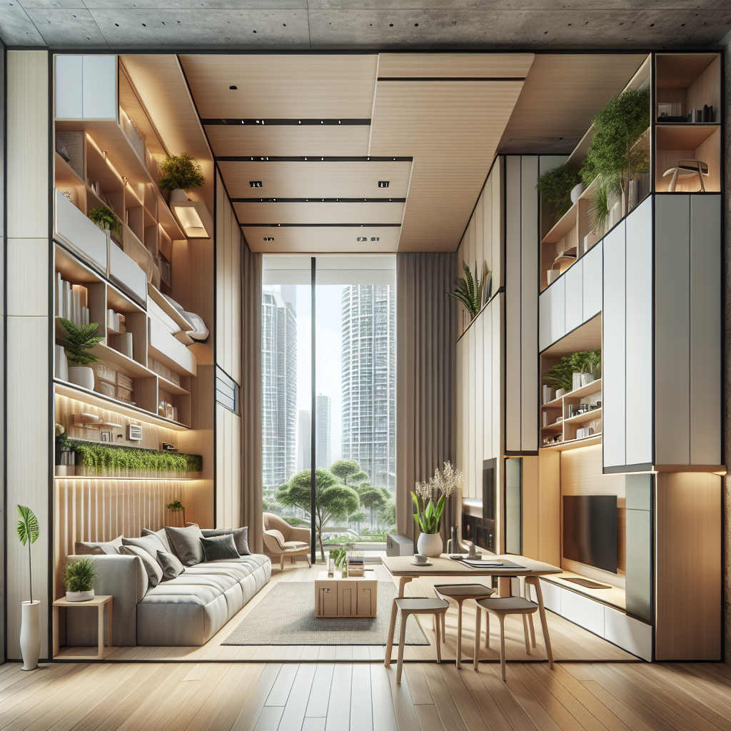 Hyperrealistic modern micro apartment with modular furniture, natural wood, plants, smart lighting, and minimalist urban interior design.