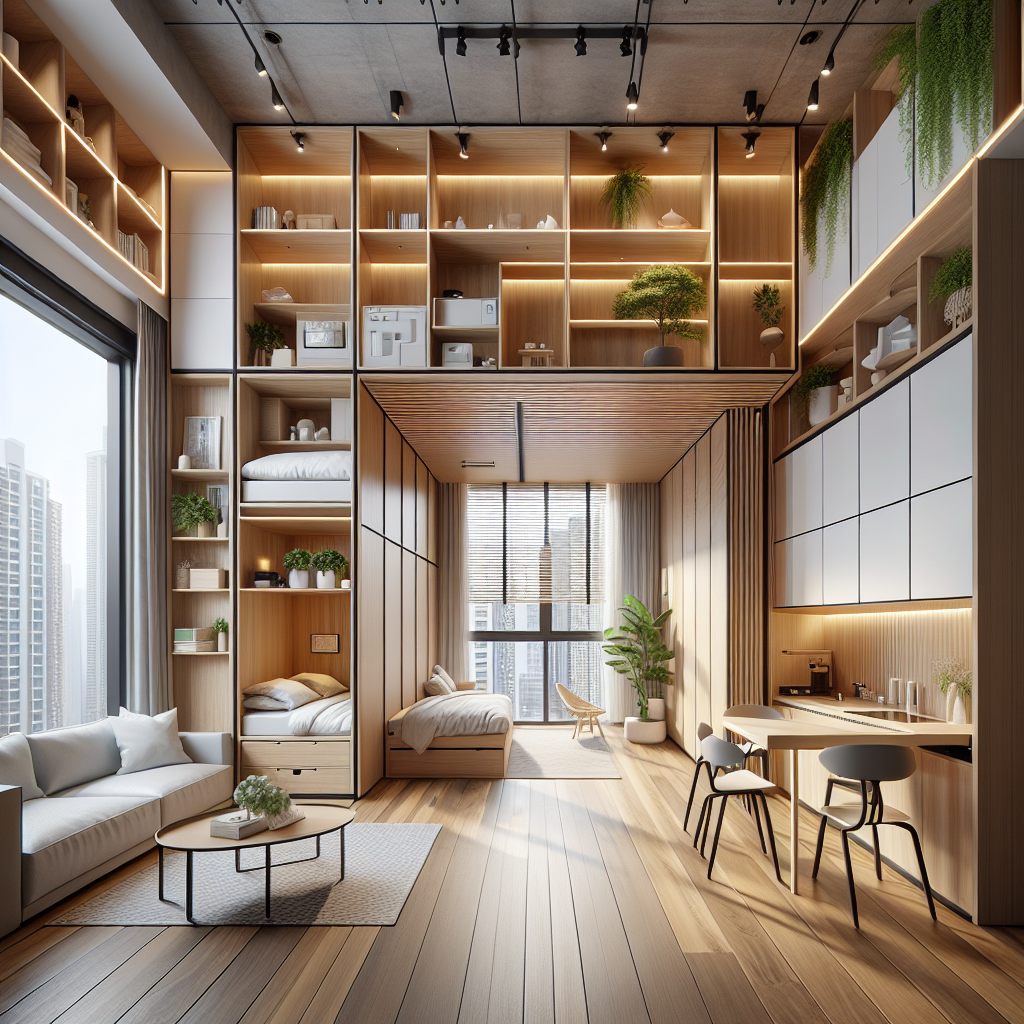 Hyperrealistic modern micro apartment with modular furniture, natural wood, plants, smart lighting, and minimalist urban interior design.