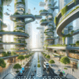 Futuristic eco-city with electric scooters, e-bikes, transit pods, green buildings, smart charging, and micromobility lanes in action.
