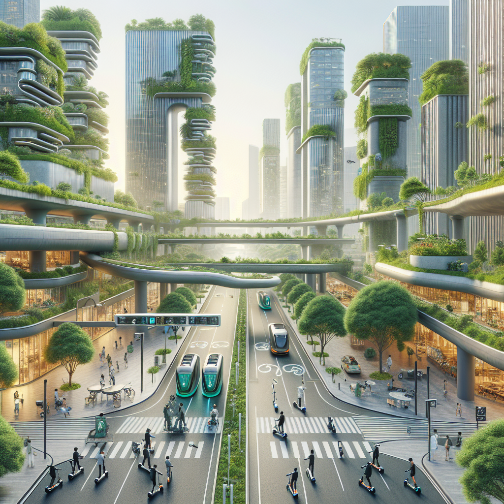 Futuristic eco-city with electric scooters, e-bikes, transit pods, green buildings, smart charging, and micromobility lanes in action.