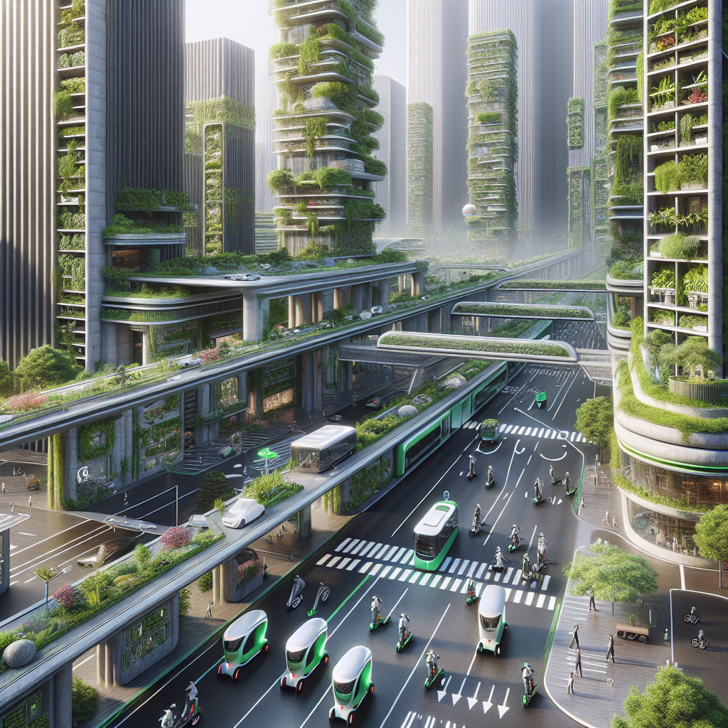 Futuristic eco-city with electric scooters, e-bikes, transit pods, green buildings, smart charging, and micromobility lanes in action.