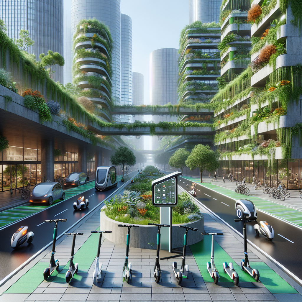 Futuristic eco-city with electric scooters, e-bikes, transit pods, green buildings, smart charging, and micromobility lanes in action.