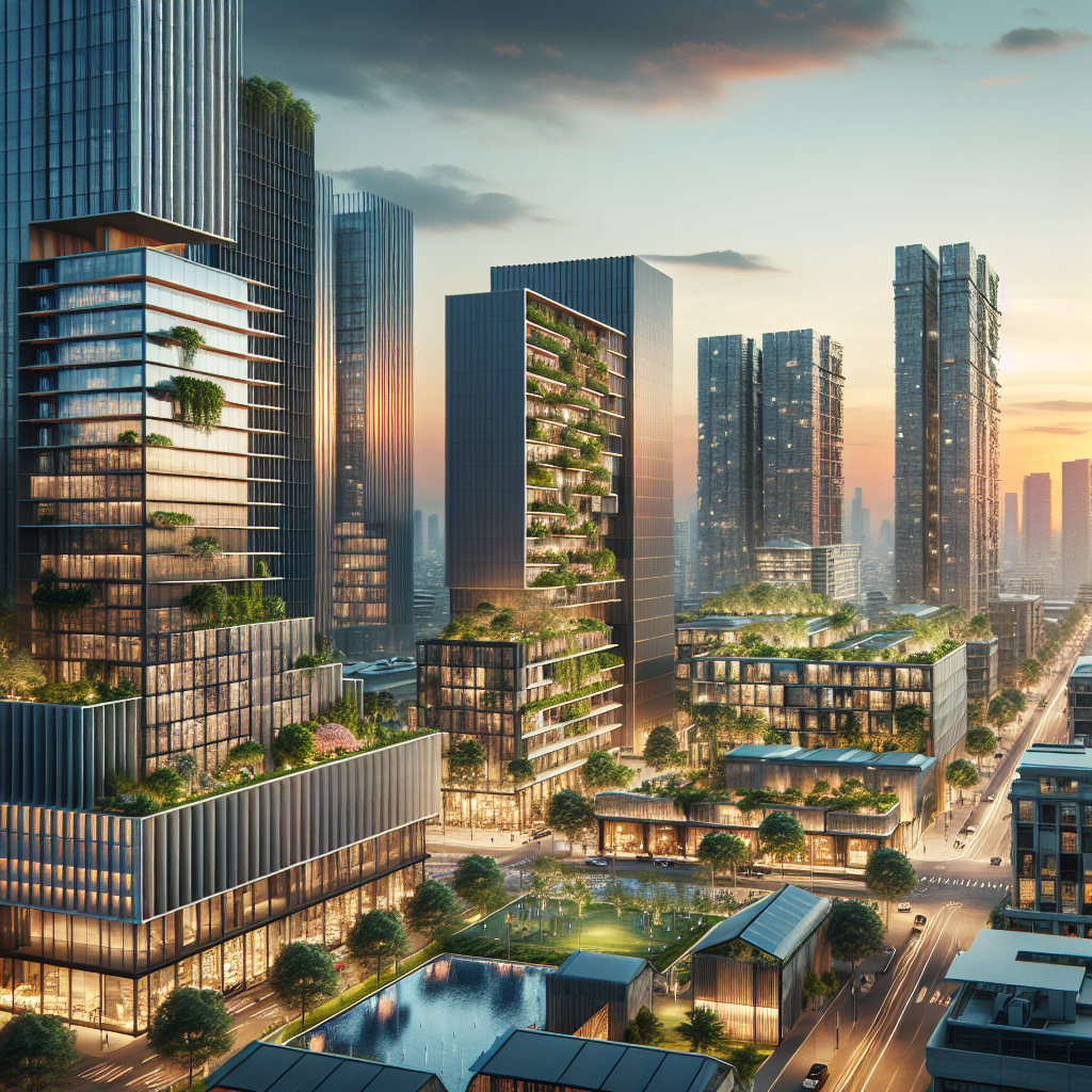 Hyperrealistic sunset cityscape with modern architecture, solar panels, vertical gardens, smart tech, and green urban design.