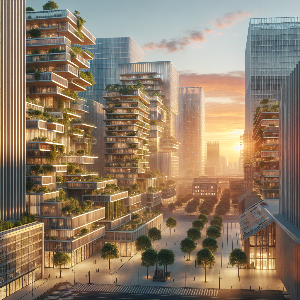 Hyperrealistic sunset cityscape with modern architecture, solar panels, vertical gardens, smart tech, and green urban design.