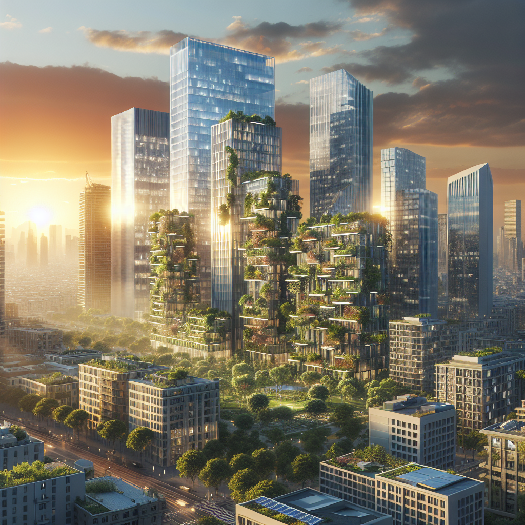 Hyperrealistic sunset cityscape with modern architecture, solar panels, vertical gardens, smart tech, and green urban design.