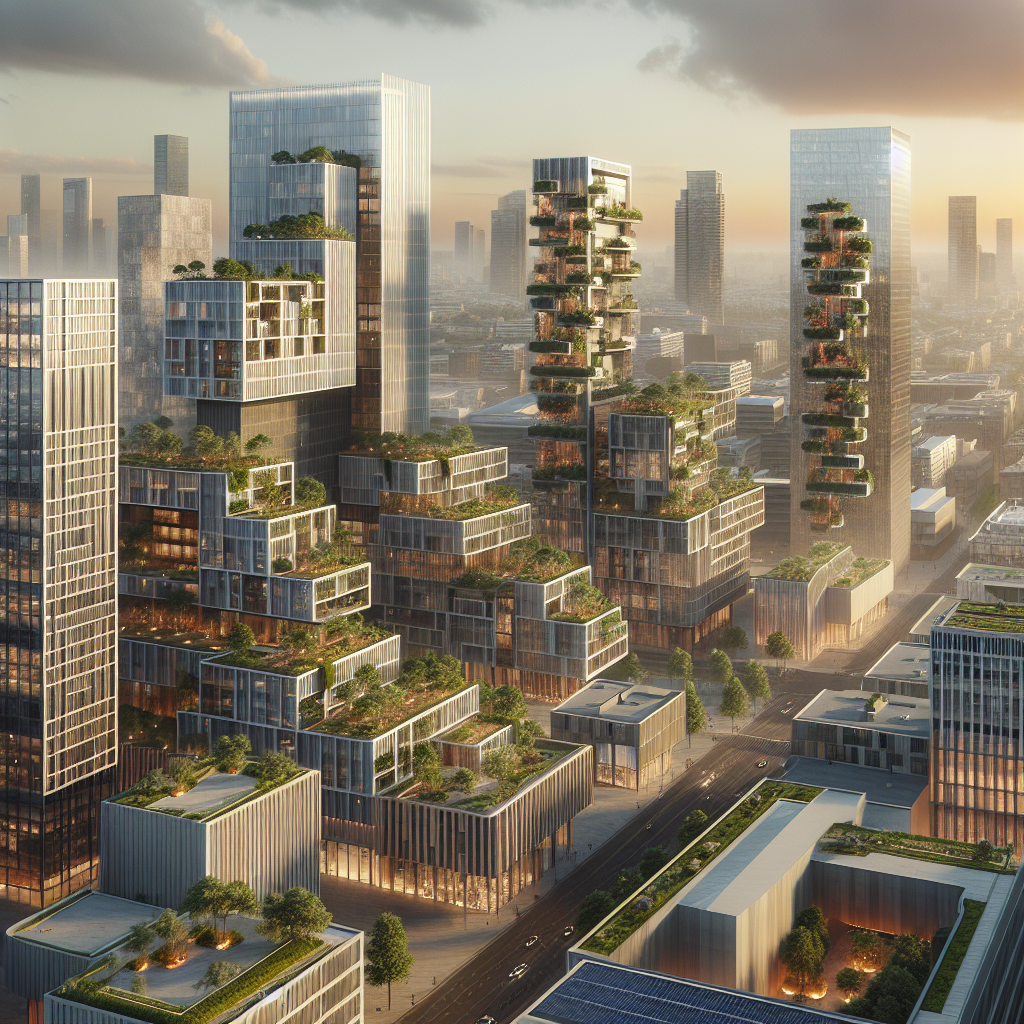 Hyperrealistic sunset cityscape with modern architecture, solar panels, vertical gardens, smart tech, and green urban design.