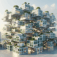 Futuristic modular housing complex with glass façades, green roofs, and solar panels inspired by Habitat 67 in a modern cityscape.