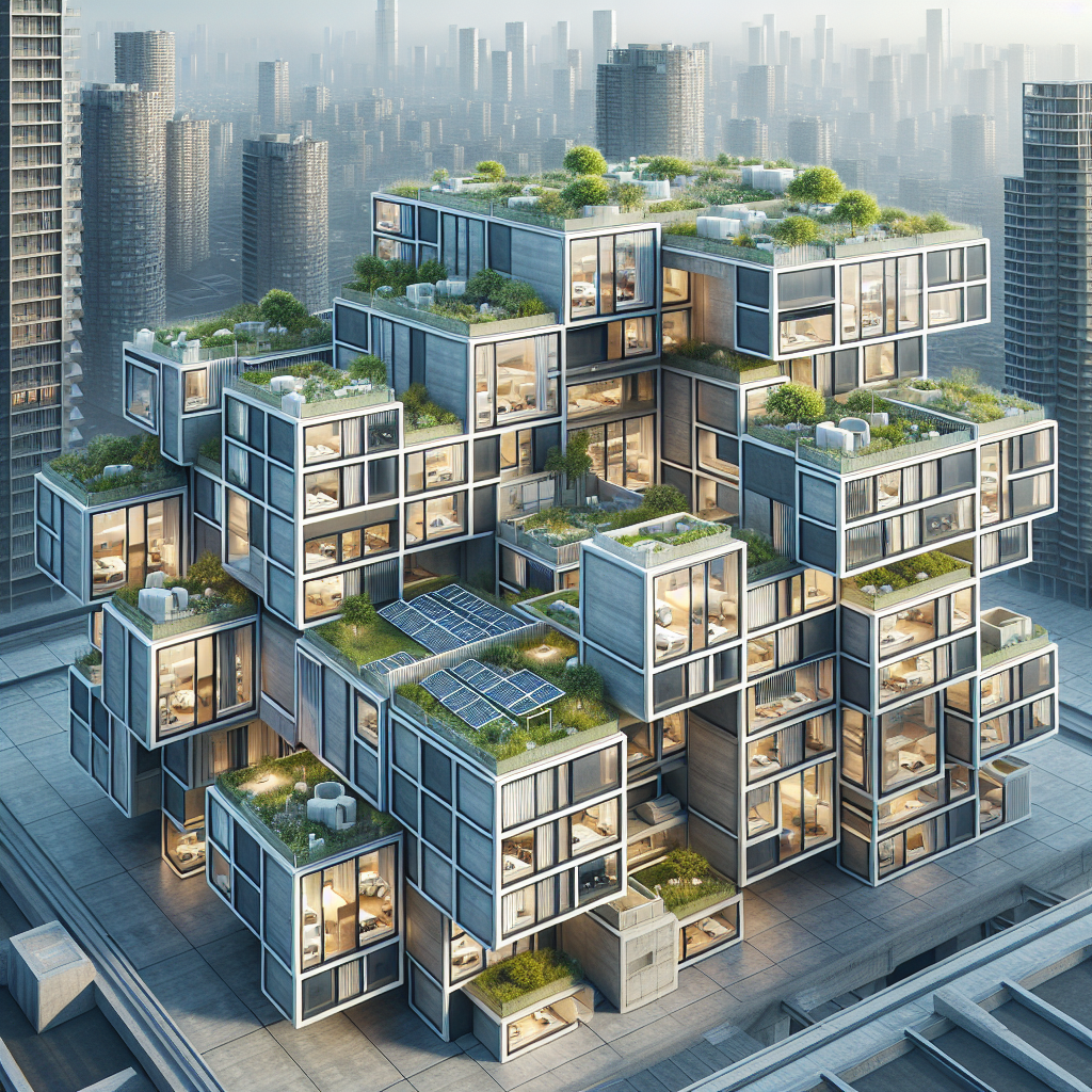 Futuristic modular housing complex with glass façades, green roofs, and solar panels inspired by Habitat 67 in a modern cityscape.
