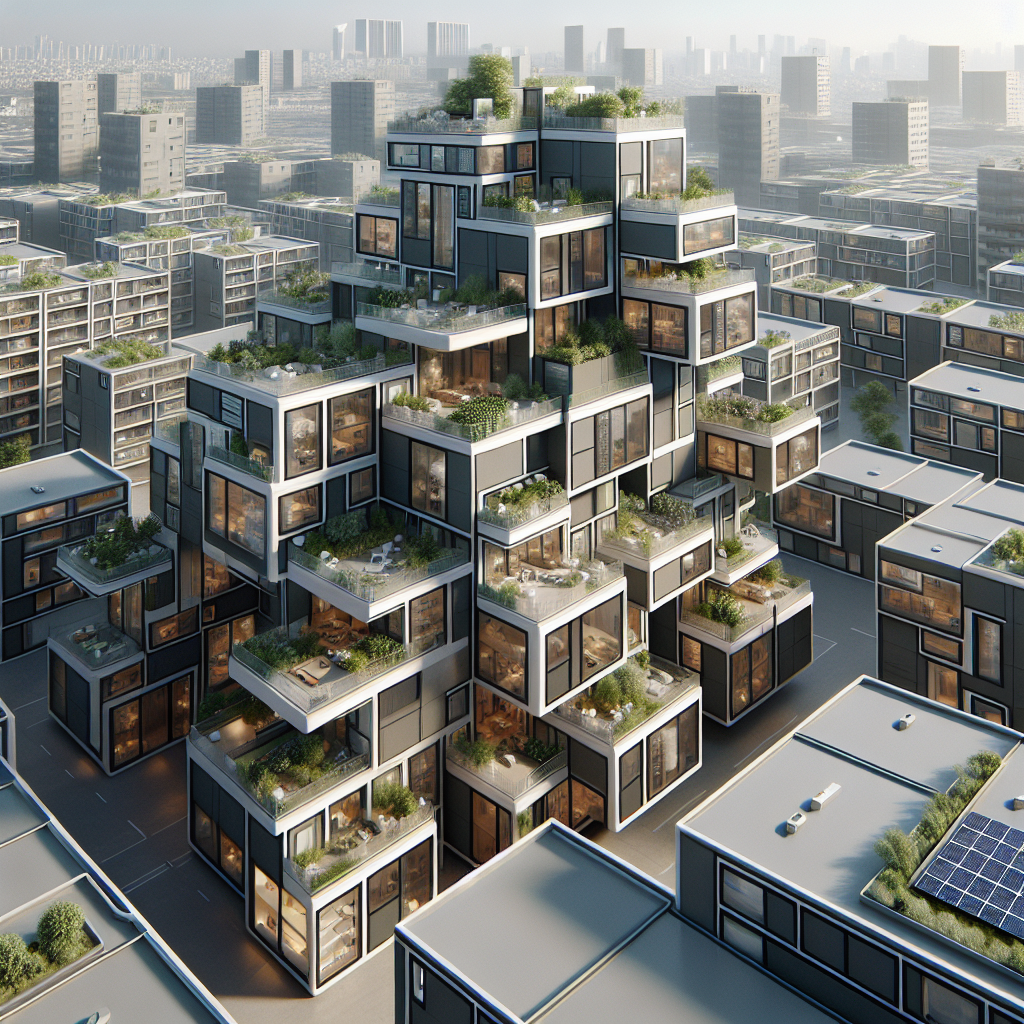 Futuristic modular housing complex with glass façades, green roofs, and solar panels inspired by Habitat 67 in a modern cityscape.