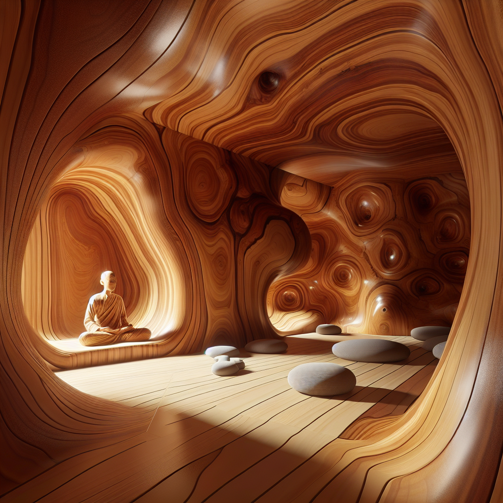 Hyperrealistic cedar meditation room with polished wood, organic textures, and natural light creating a tranquil, nature-inspired ambiance.
