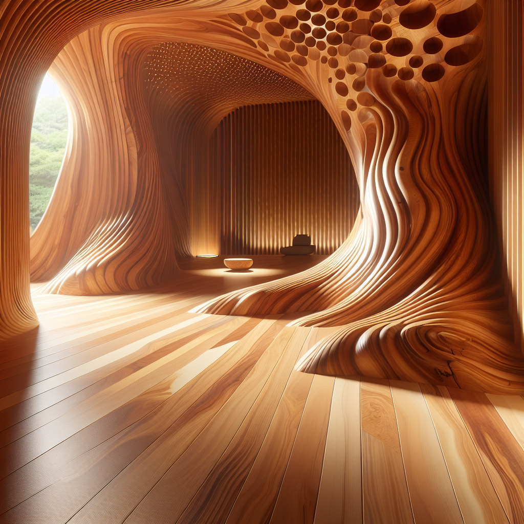 Hyperrealistic cedar meditation room with polished wood, organic textures, and natural light creating a tranquil, nature-inspired ambiance.