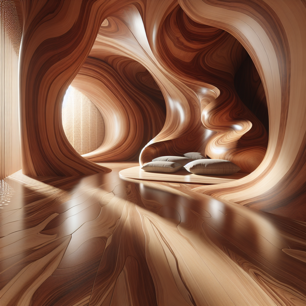 Hyperrealistic cedar meditation room with polished wood, organic textures, and natural light creating a tranquil, nature-inspired ambiance.