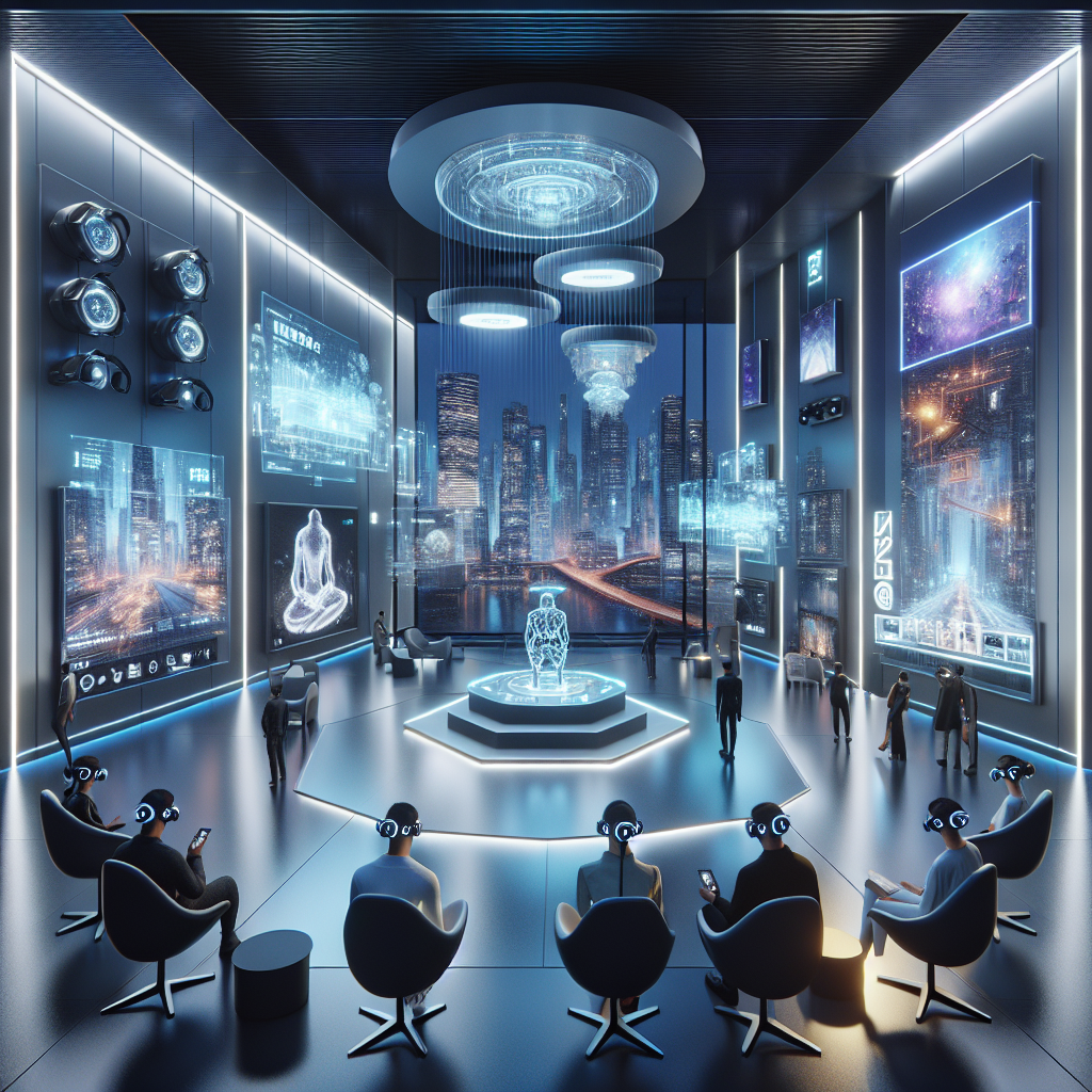 Futuristic metaverse art gallery with holographic NFT displays, AR-headset visitors, biophilic design, and cyberpunk city nightscape.