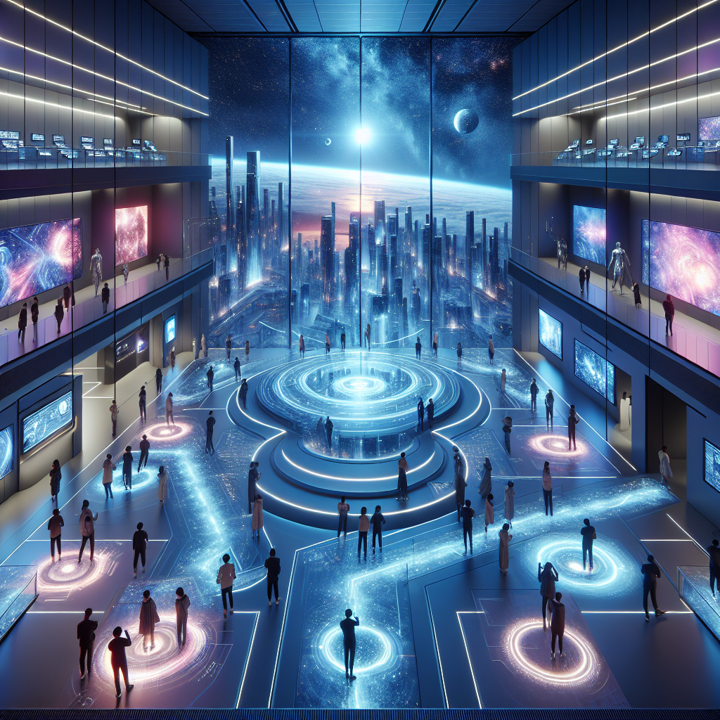 Futuristic metaverse art gallery with holographic NFT displays, AR-headset visitors, biophilic design, and cyberpunk city nightscape.