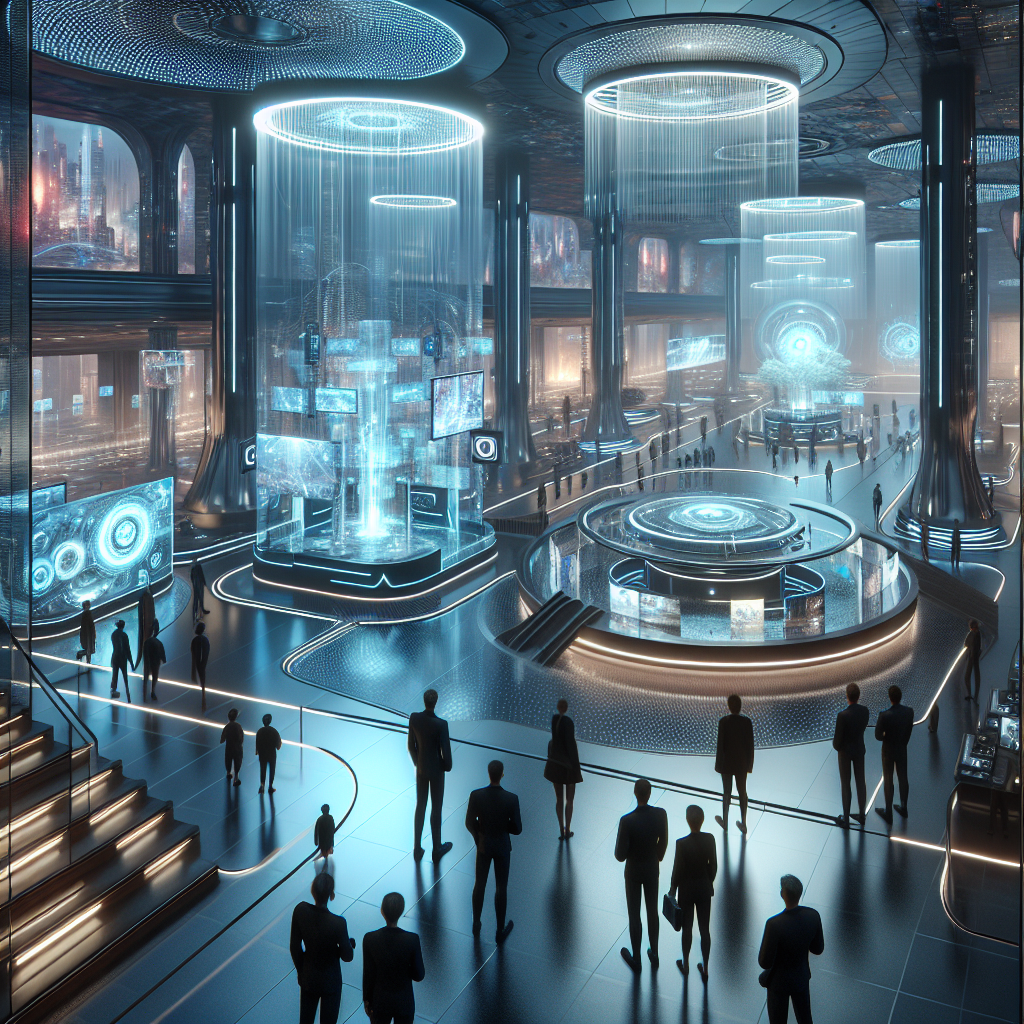 Futuristic metaverse art gallery with holographic NFT displays, AR-headset visitors, biophilic design, and cyberpunk city nightscape.