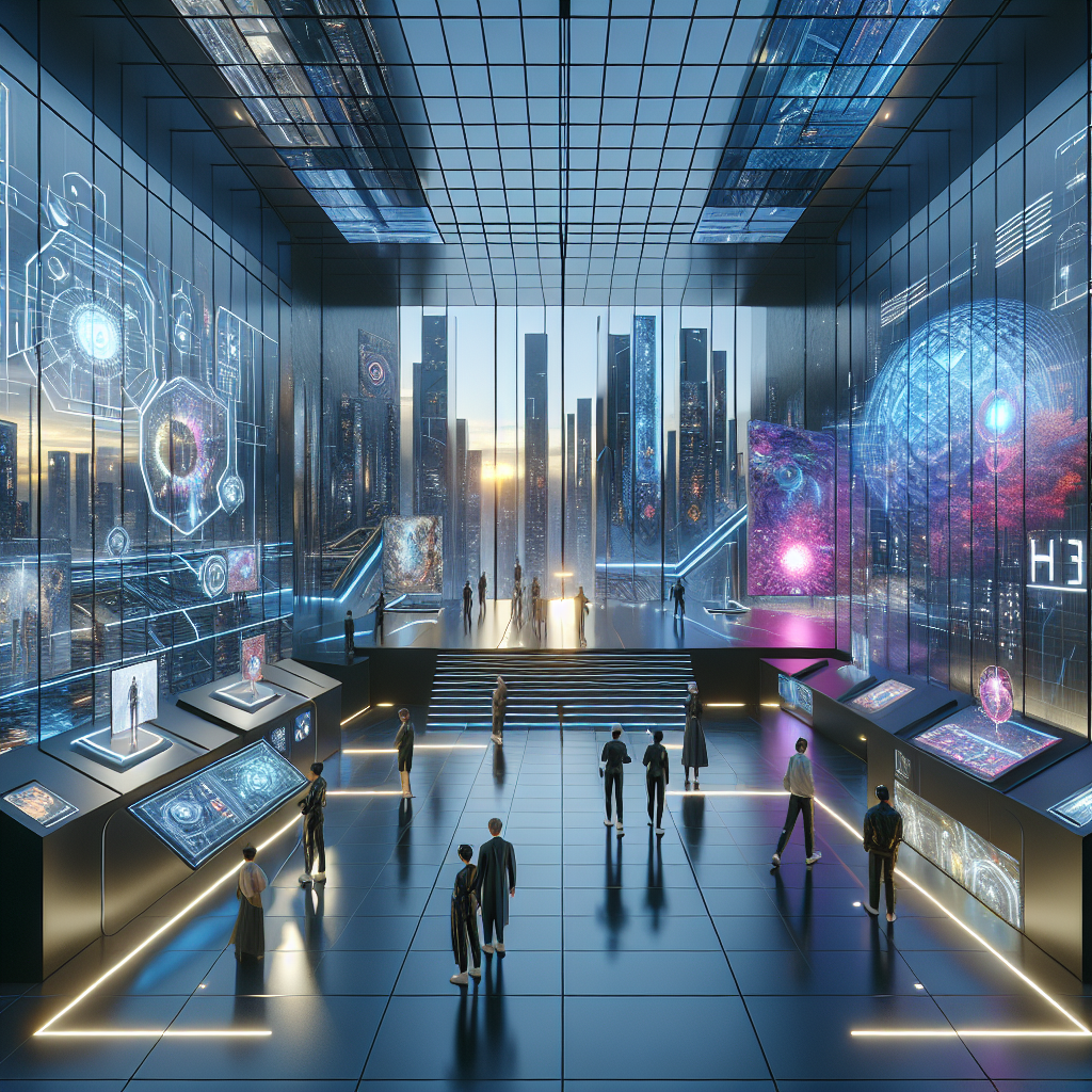 Futuristic metaverse art gallery with holographic NFT displays, AR-headset visitors, biophilic design, and cyberpunk city nightscape.