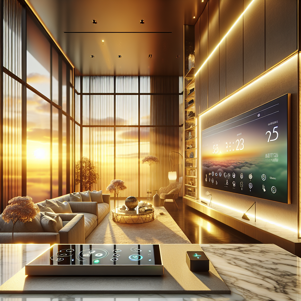 Luxurious smart home interior at sunset with smart hub, ambient lighting, Nest thermostat, and Samsung Frame TV in elegant design.