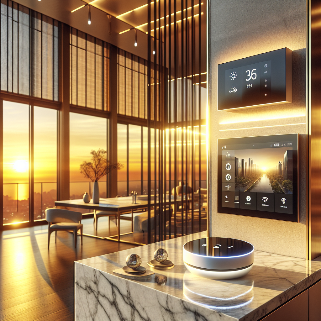Luxurious smart home interior at sunset with smart hub, ambient lighting, Nest thermostat, and Samsung Frame TV in elegant design.