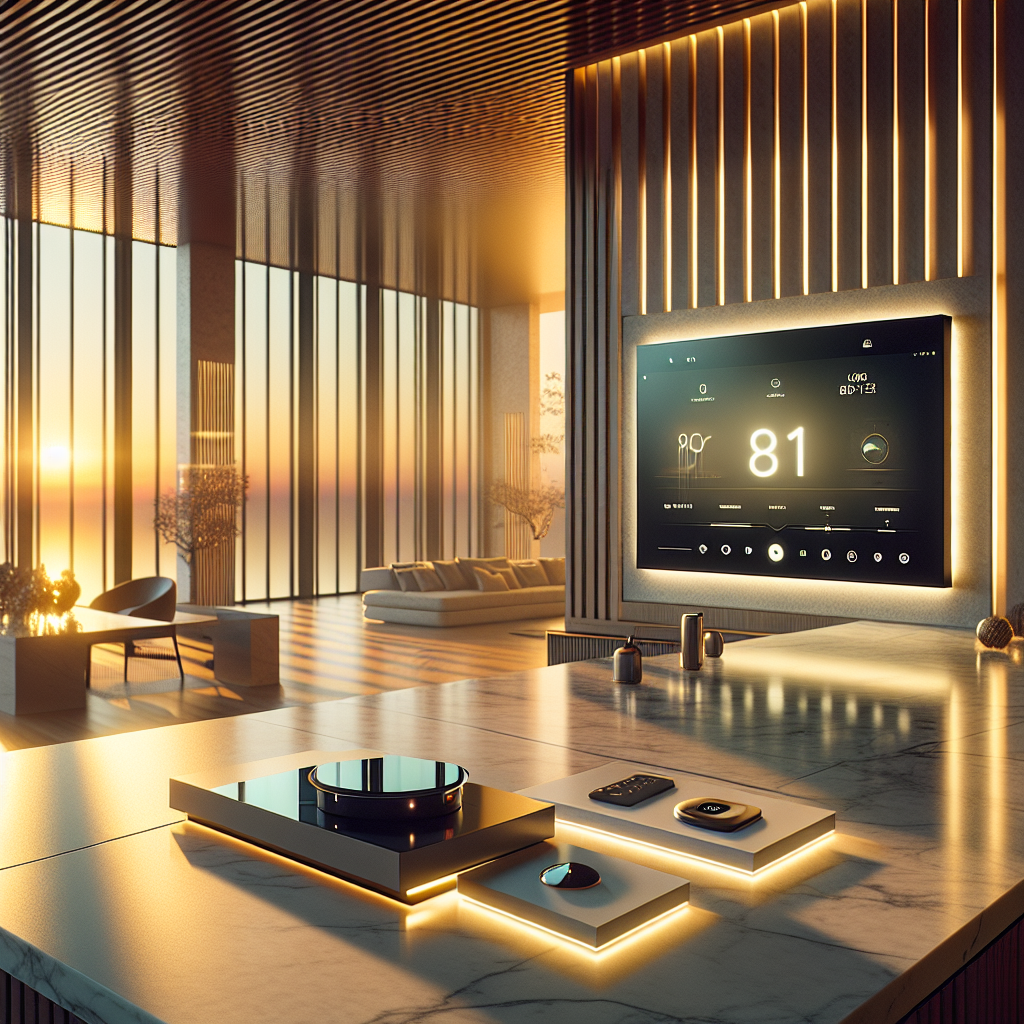 Luxurious smart home interior at sunset with smart hub, ambient lighting, Nest thermostat, and Samsung Frame TV in elegant design.