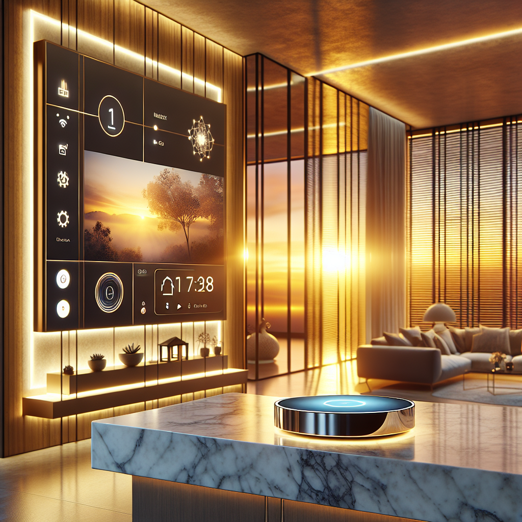 Luxurious smart home interior at sunset with smart hub, ambient lighting, Nest thermostat, and Samsung Frame TV in elegant design.