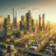 Futuristic sustainable city at golden hour with biophilic skyscrapers, green roofs, solar panels, and eco-friendly architecture design.