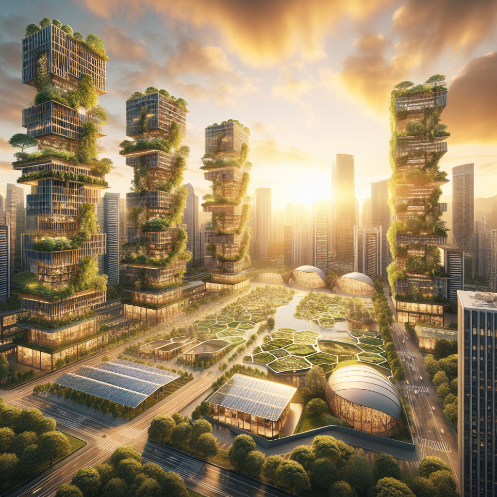 Futuristic sustainable city at golden hour with biophilic skyscrapers, green roofs, solar panels, and eco-friendly architecture design.