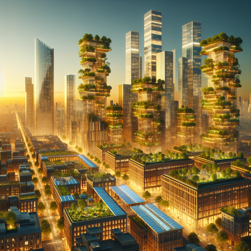 Futuristic sustainable city at golden hour with biophilic skyscrapers, green roofs, solar panels, and eco-friendly architecture design.