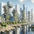 Hyperrealistic futuristic sustainable city with green skyscrapers, solar smart tech, EVs, and vibrant eco-friendly urban living.