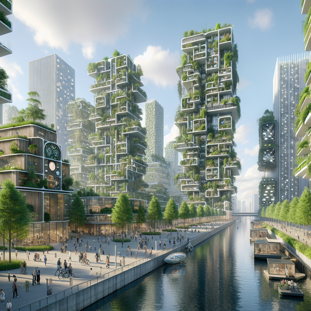 Hyperrealistic futuristic sustainable city with green skyscrapers, solar smart tech, EVs, and vibrant eco-friendly urban living.