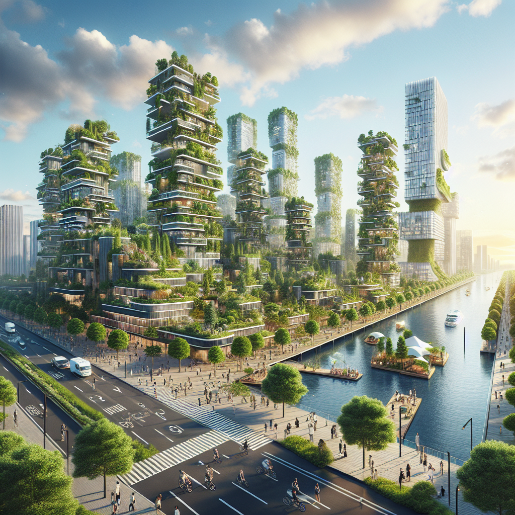 Hyperrealistic futuristic sustainable city with green skyscrapers, solar smart tech, EVs, and vibrant eco-friendly urban living.