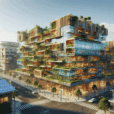 Hyperrealistic rendering of sustainable urban neighborhood with green rooftops, timber high-rise, vertical gardens, and smart solar panels.