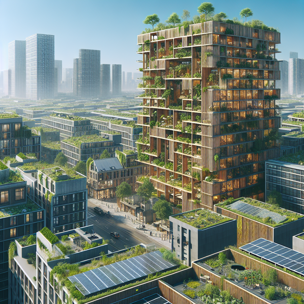 Hyperrealistic rendering of sustainable urban neighborhood with green rooftops, timber high-rise, vertical gardens, and smart solar panels.