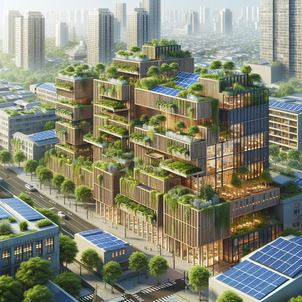 Hyperrealistic rendering of sustainable urban neighborhood with green rooftops, timber high-rise, vertical gardens, and smart solar panels.
