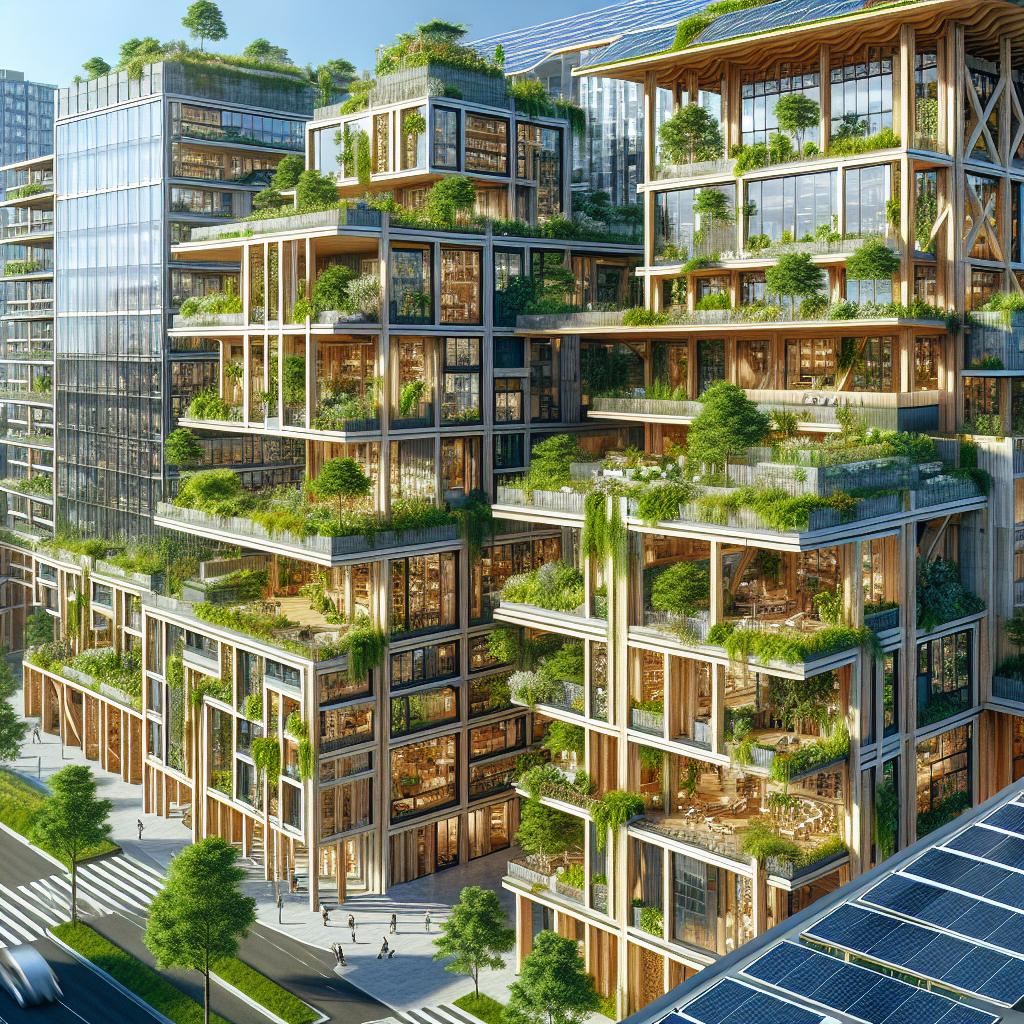 Hyperrealistic rendering of sustainable urban neighborhood with green rooftops, timber high-rise, vertical gardens, and smart solar panels.