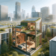 Futuristic sustainable tiny house on urban rooftop with solar panels, timber design, smart tech, and herb wall for eco-city living.