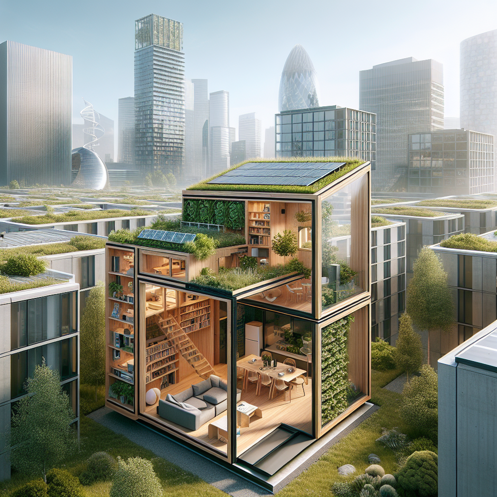 Futuristic sustainable tiny house on urban rooftop with solar panels, timber design, smart tech, and herb wall for eco-city living.