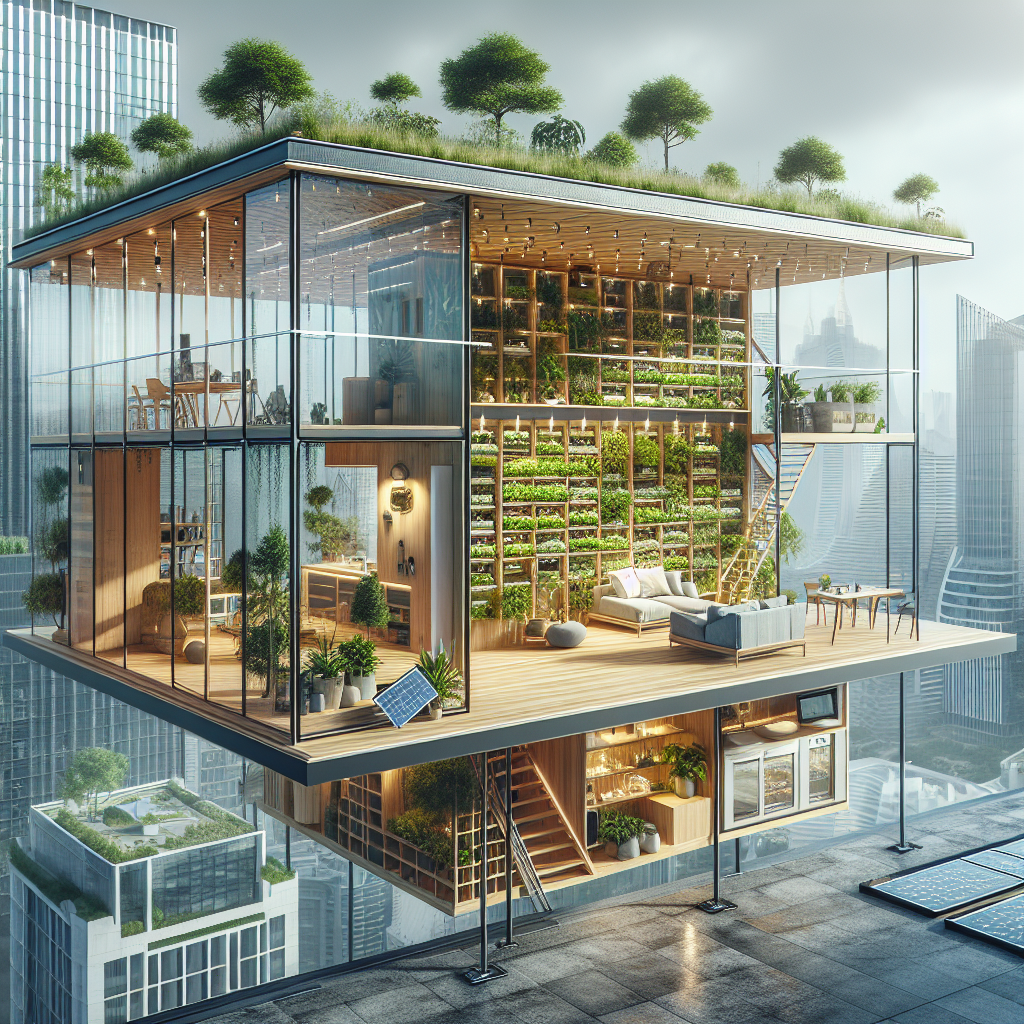 Futuristic sustainable tiny house on urban rooftop with solar panels, timber design, smart tech, and herb wall for eco-city living.