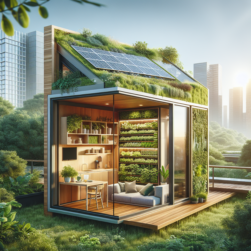 Futuristic sustainable tiny house on urban rooftop with solar panels, timber design, smart tech, and herb wall for eco-city living.