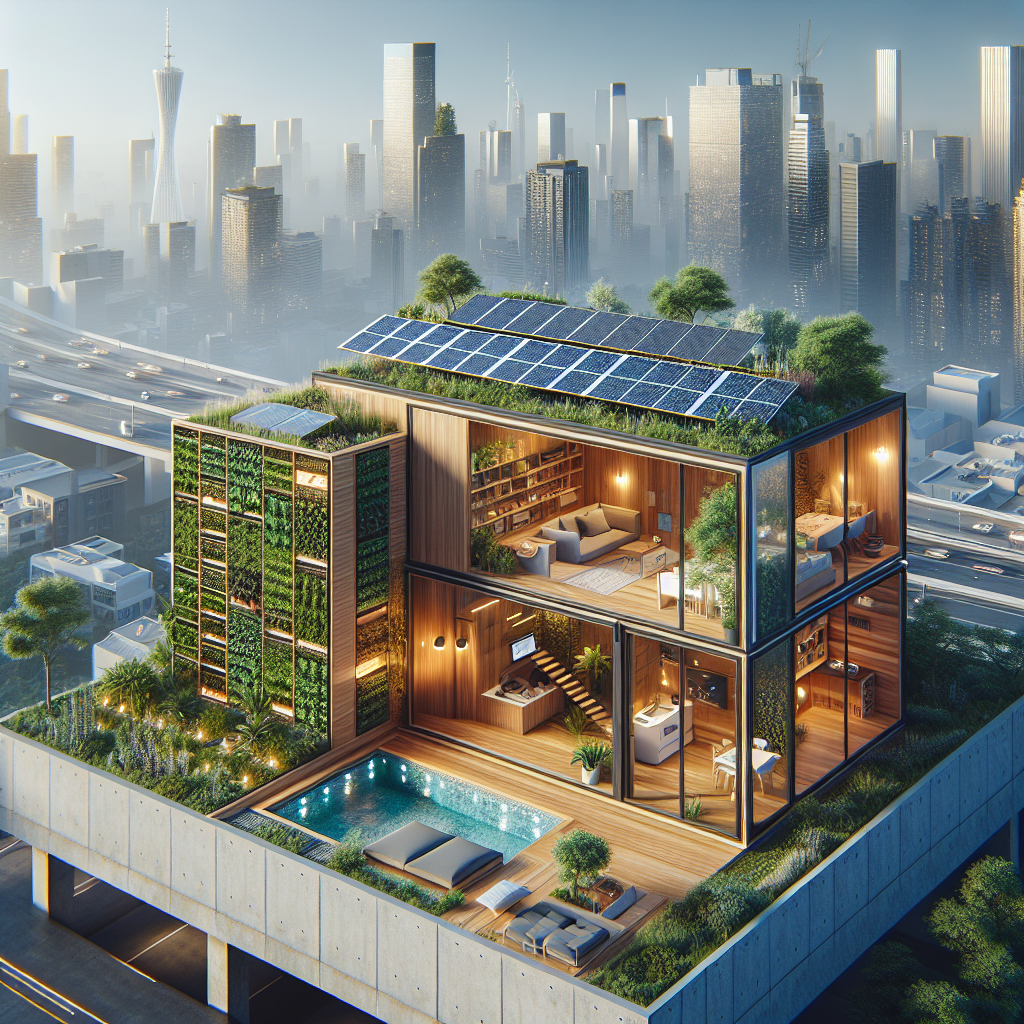 Futuristic sustainable tiny house on urban rooftop with solar panels, timber design, smart tech, and herb wall for eco-city living.