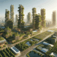 Hyperrealistic sustainable futuristic city with wooden skyscrapers, vertical forests, solar panels, and green urban design blending with nature.