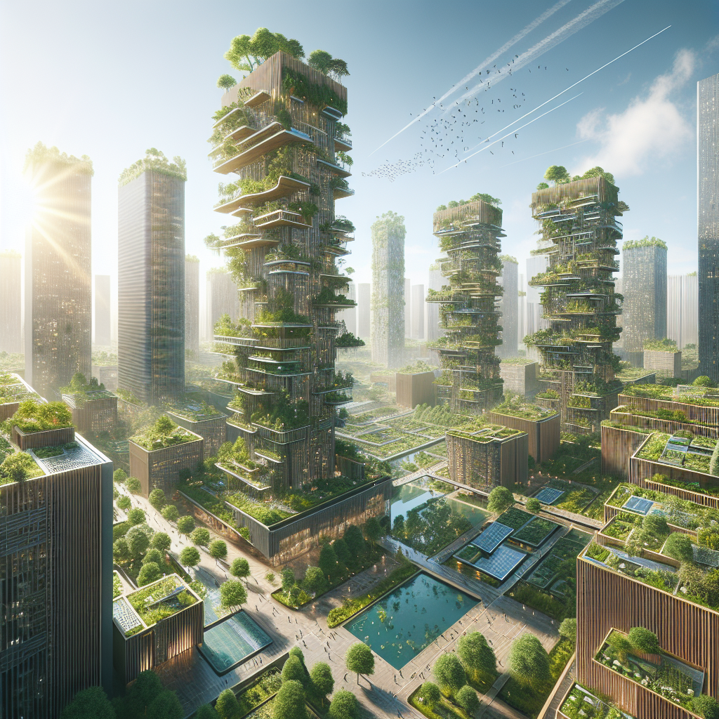 Hyperrealistic sustainable futuristic city with wooden skyscrapers, vertical forests, solar panels, and green urban design blending with nature.